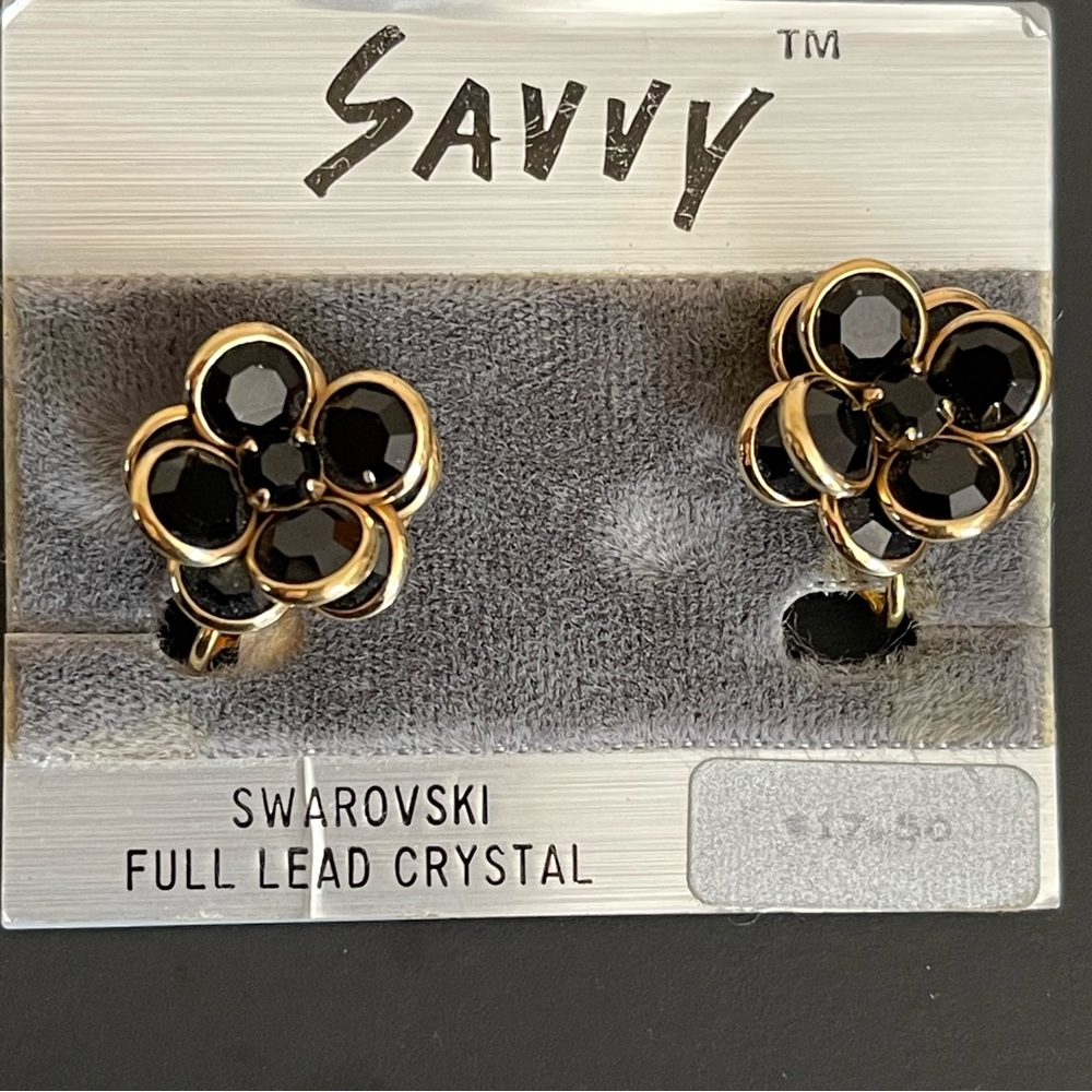 Savvy Black Crystal Flower Clip-On Earrings